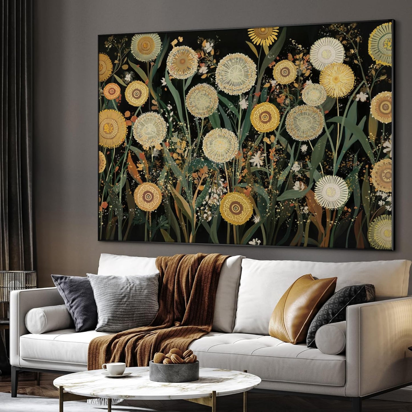 SIGNWIN 46"x60" Extra Large Framed Wall Art Whimsical Dandelion Field in Yellow and Green, Playful Botanical Print for Home Living Room Bedroom Decor (Frame Assembly Required)