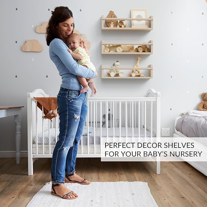 Decorative Nursery Bookshelves for Kids - Set of 3 Easy to Install Floating Shelves for Wall Mount - Beautiful Hanging Organizer Furniture for Your Baby Boy or Girl's Bedroom and Play Room Decor