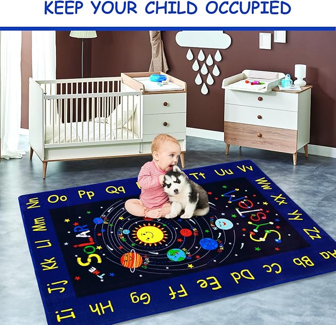 Kids Rug Baby Play Mat Solar System Learning Rug, ABC Alphabet Educational Area Rugs for Classroom Kids Room Baby Playroom Mat Kids Foam Rug Playtime Activity Mat for Toddler 3 x 5