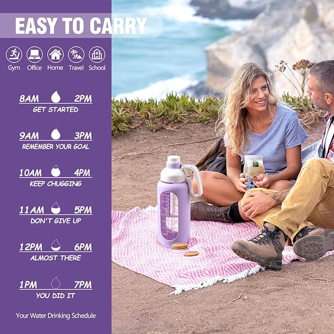MUKOKO 64oz BPA Free Glass Water Bottle with Straw, Half Gallon, Wide Mouth, Time Marker, Silicone Sleeves, Ideal for Sports, Travel, Running, Camping, Purple