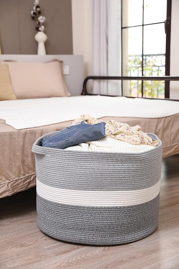 24" x 24" x 17" Mega Size Extra Large Storage Basket, Cotton Rope Storage Baskets, Woven Hamper, Cloth Storage Bin, for Clothes Blanket, Dual Grey
