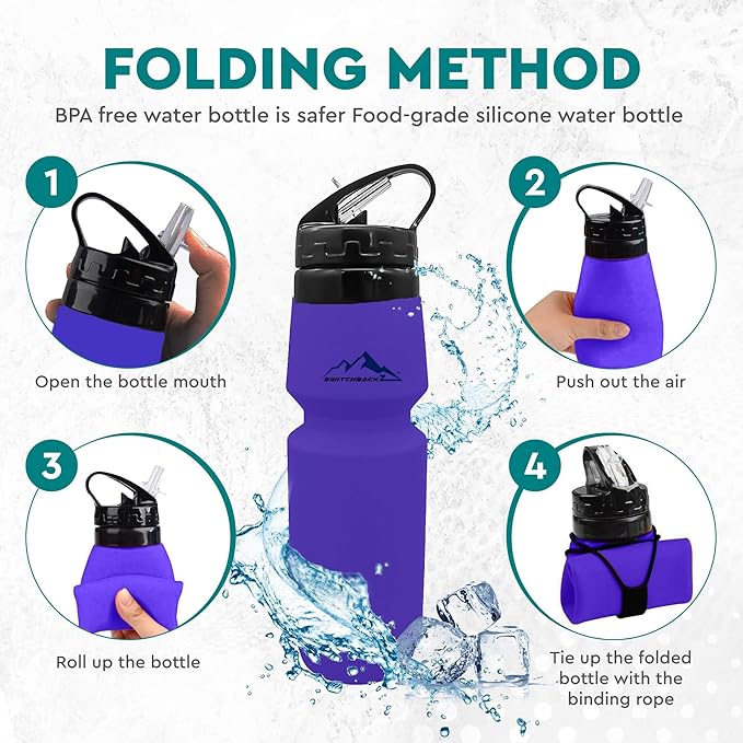 Collapsible Water Bottle (25Oz) - BPA Free Silicone Space Saving Collapse Water Bottle W/ Removable Straw | Temperature Resistant Collapsible Water Bottles For Travel And Rugged Outdoor Activities
