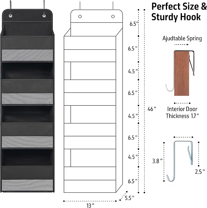 Heavy Duty Over Door Organizer, Hanging Organizer Storage with 4 Large Capacity Pockets, Closet Bathroom Nursery Bedroom Dorm, Toys Cosmetics Sundries and Baby Essentials, Black