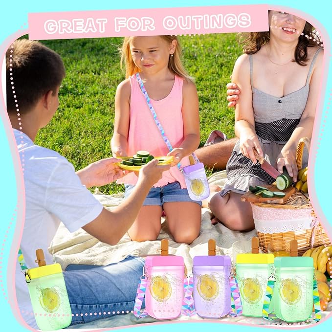 Patelai 8 Pcs Cute Water Bottles with Straw Kawaii Watermelon Ice Cream Cups Leak Proof Drinking Bottles with Adjustable Shoulder Strap for Sports Travel Camping(Cute Style)