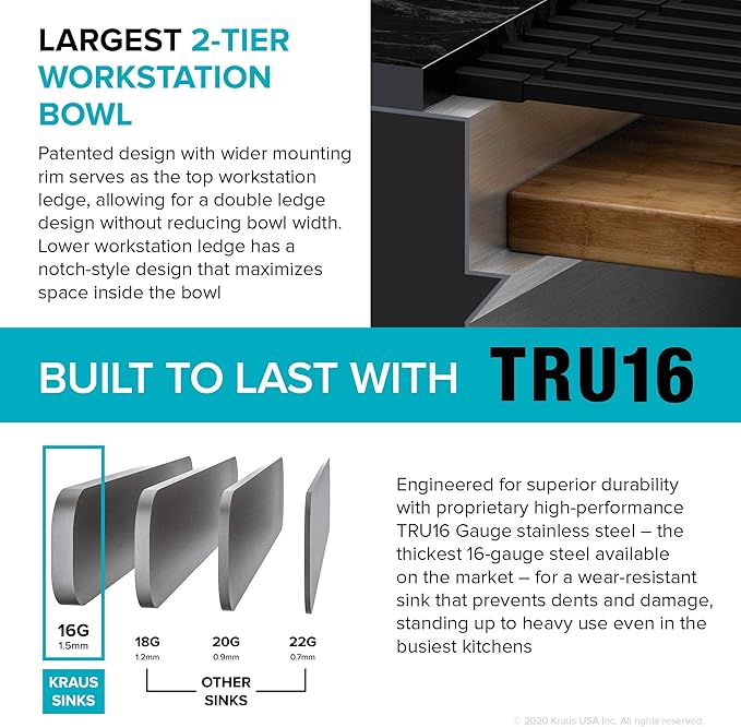 Kraus KWU210-57 Kore 2-Tier Workstation Undermount 16 Gauge Stainless Steel Single Bowl Kitchen Sink with 10 Piece Chef’s Kit of Accessories, 57 inch