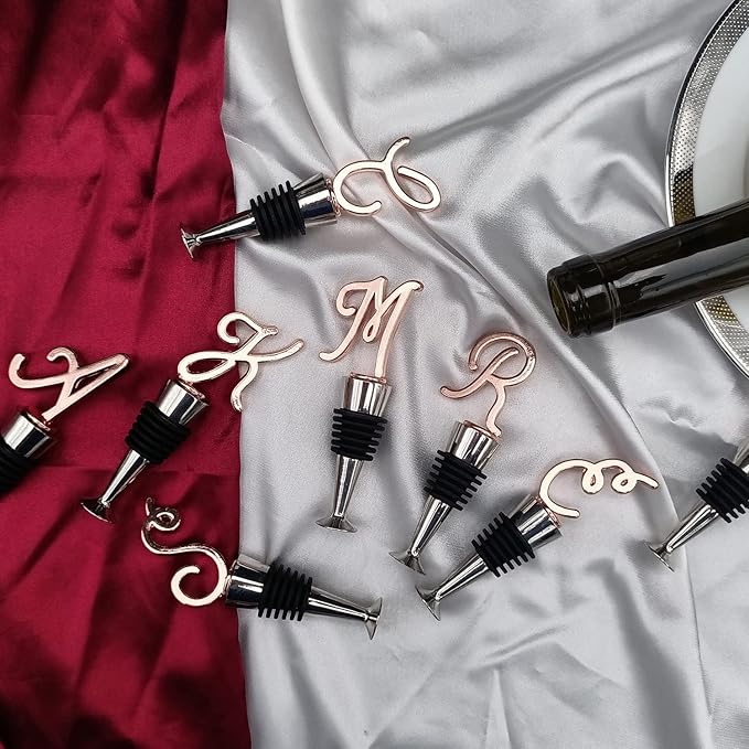 Monogram Wine and Beverage Bottle Stopper, Initial letter wine stoppers Decorative, Creative Wine Gift for Kitchen Bar Wedding Rose Gold Finish,Reusable, letter K