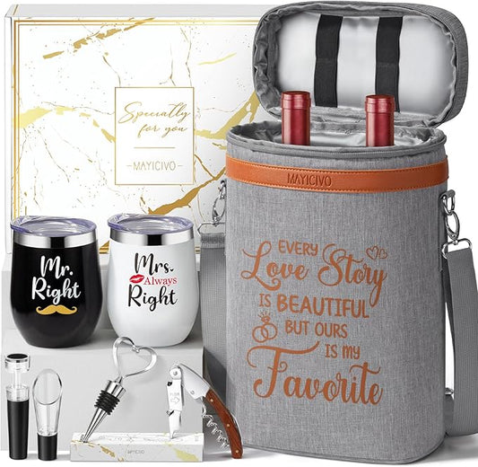 Anniversary Engagement Gifts for Men Women, Mr and Mrs Wine Tumblers Gifts - Funny Wedding Gifts for Couple, Bridal Shower, Newlywed - Insulated Wine Cooler Tote Bag with Glasses and Wine Accessories