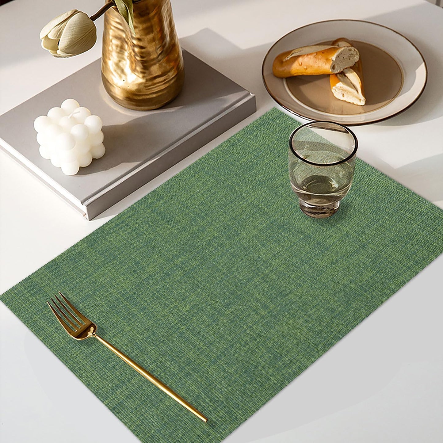 Vinyl Placemats Set of 4, PVC Woven Washable Non-Slip Table Mats, Heat Resistant Wrinkle Free Place Mats for Dining Table, Easy to Clean (4, Green)