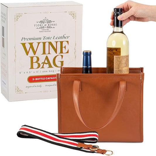 FIORI & ROSSI PU Leather Wine Bottle Carrier Bag - Insulated Wine Bag to Store & Carry up to 3 Bottles for Travel, Picnics & Parties - Wine Tote Bag Buckle & Zipper Closure Sleeve Dividers - Brown