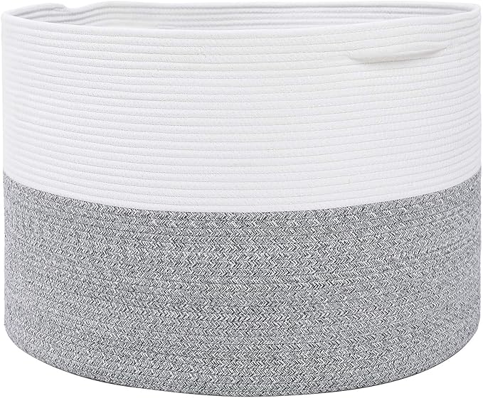 24" x 24" x 17" Max Size Large Cotton Rope Basket, Extra Large Storage Basket, Woven Laundry Hamper, Cloth Storage Bin, for Blankets Clothes Towels Pillows in Living Room, Grey Mix