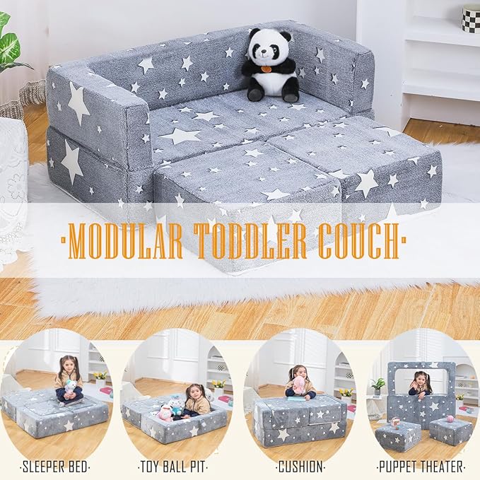 Kids Sofa Couch 3-in-1 Modular Toddler Couch Glowing Grey Baby Couch Foam Armchair for Boys & Girls Children Convertible Sofa to Lounger Plush Fold Out Sofa Play Set with Two Ottomans, Two Seats