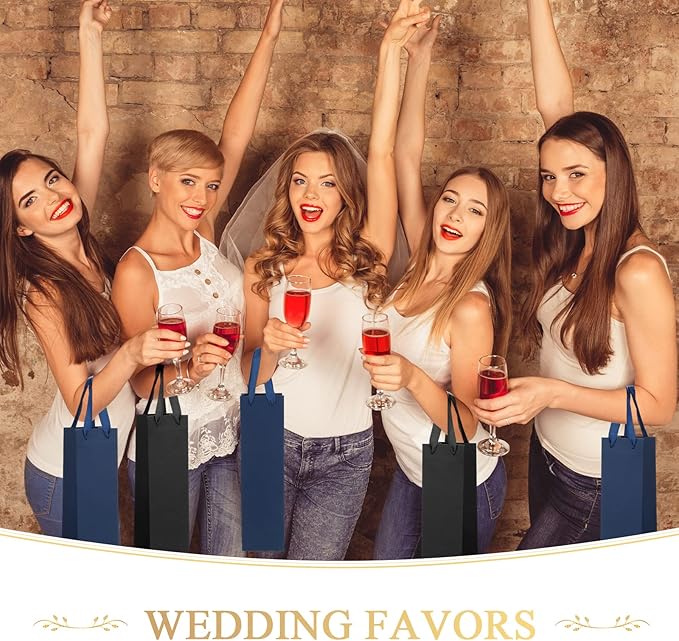Fumete 50 Pack Wine Bottle Gift Bags Paper Wine Gift Bags Bulk 13.8x3.7x3.5 Wine Bags with Handles Appreciation Gifting Bags for Christmas Wedding Anniversary Birthday Party(Black, Navy Blue)
