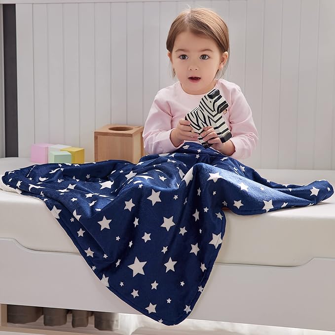 DaysU Silky Micro Soft Plush Baby Blankets Unisex with Print Star Pattern and Soothing Raised Dots, Double Layer Bed Throws for Baby Crib, Star, Navy, 30x40 Inches