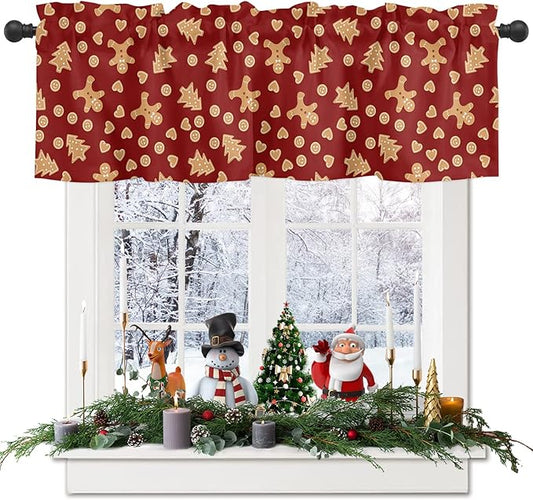 Christmas Valance Kitchen Curtains,Red Merry Christmas Gingerbread Man Cookies Window Treatments Short Curtain,Winter Holiday Decorations Rod Pocket Toppers for Bedroom/ Living Room,1 Panel-54" X 18"