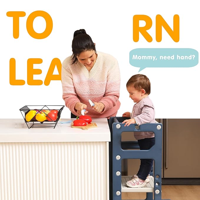 SDADI Mother's Helper Adjustable Height Plastic Kitchen Step Stool for Children, Kids Toddlers Counter Level Learning Stool for Kitchen & Bathroom,Blue and Light Grey