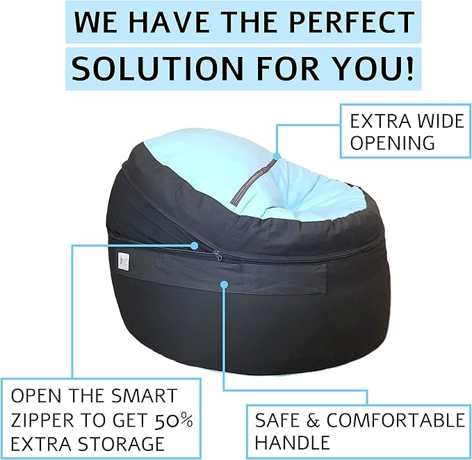 2 Sizes in 1 Stuffed Animal Storage Bean Bag Chair Cover for Kids & Adults | Washable XL Stuffie Seat | 100% Cotton | Pouf Organizer for Plush Toys, Linens, Quilts & Pillows | Blue Skies