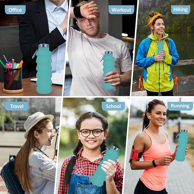 Collapsible Water Bottles 17oz, Odorless BPA-Free Silicone, Leak-Proof Foldable Reusable Bottle - Perfect for Travel Sports Gym Hiking Camping Cycling - Turquoise