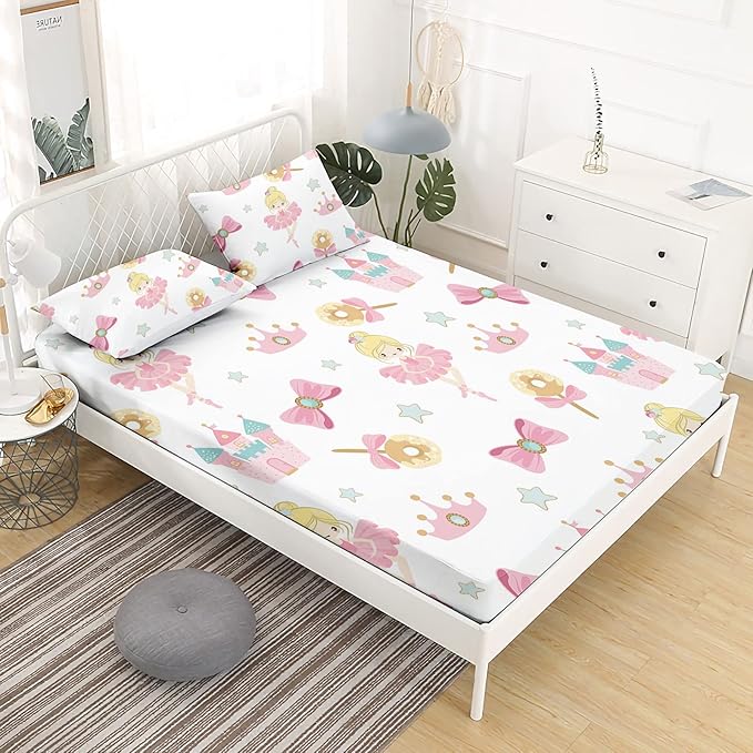 Dancing Princess Fitted Sheet Set Twin for Kids Girls Teens Crown Castle Pattern Bed Sheet 2 Piece 3D Print Pink Dreaming Style Sheet Set