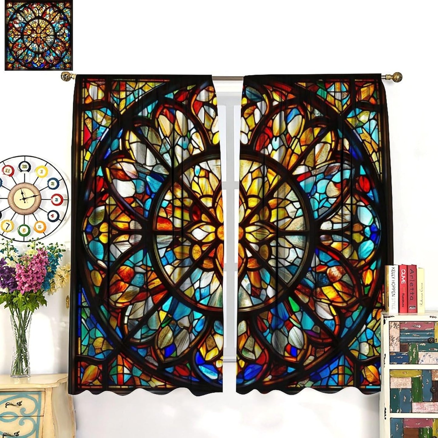 Stained Glass Curtains,Retro Mid Century Abstract Colorful Geometric Prints Home Decor Drapes for Bedroom Living Room Kitchen Window Treatment 2 Panels Set Total Size 52" W X 84" L Inch