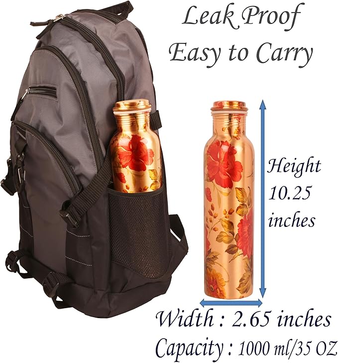Pure Copper Water Bottle - Handcrafted - Ayurveda health benefits - Large 35 oz - Leak proof, Easy to carry for Sports, Fitness, Yoga, School - Natural Copper Finish Floral Colorful Enamel