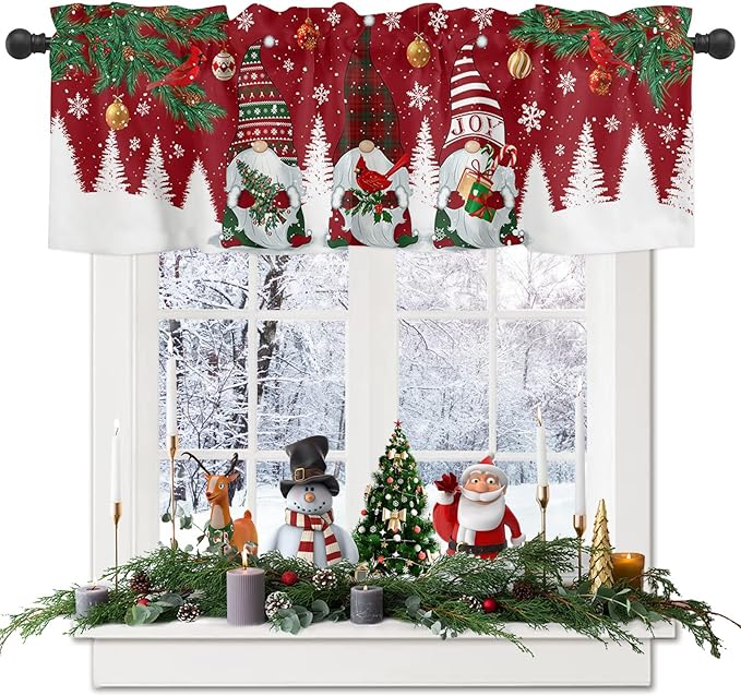 Christmas Gnomes Valance Kitchen Curtains for Windows, Red Winter Holidays Rod Pocket Valances Window Treatments White Snowflakes Xmas Trees Short Curtains For Bedroom/ Living Room, 54" X 18" -1 Panel