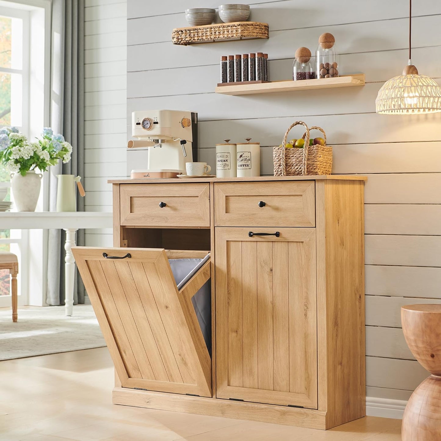 Double Tilt Out Laundry Hamper Cabinet, 20 Gallon Farmhouse Trash Can Cabinet with Drawer, Hidden Wood Garbage Can Bin Cabinets with Laundry Storage Basket for Bathroom, Kitchen (Natural)