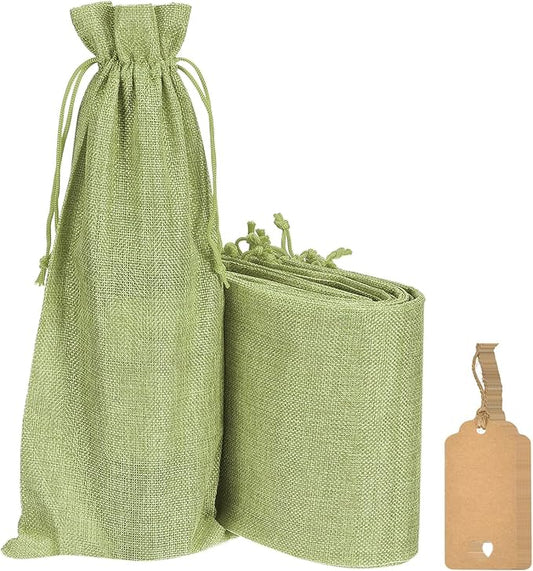 uxcell Burlap Wine Bags with Drawstrings, 12Pcs Wine Gift Bags Reusable Wine Bottle Bags with Ropes and Tags for Wedding, Birthday, Travel (14 x 6.3 In, Green)