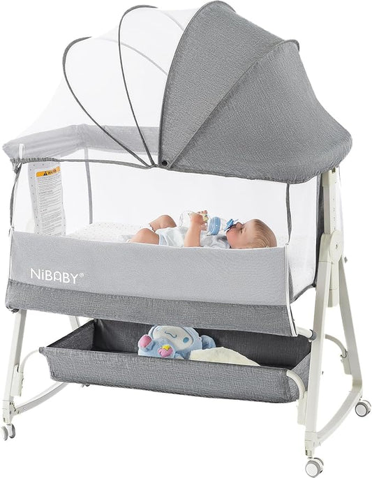 3 in 1 Baby Bassinet Bedside Sleeper, 6 Height Adjustable Portable Baby Crib Bedside Bassinet with Wheels, Mosquito Net & Storage Basket for Safe Co-Sleeping, Fit for Newborn/Infants (Gray)