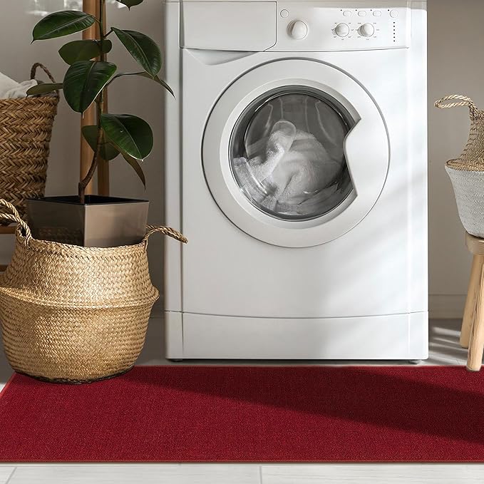 Machine Washable Modern Solid Design Non-Slip Rubberback 3x12 Traditional Runner Rug for Hallway, Kitchen, Bedroom, Living Room, 2'7" x 12', Red