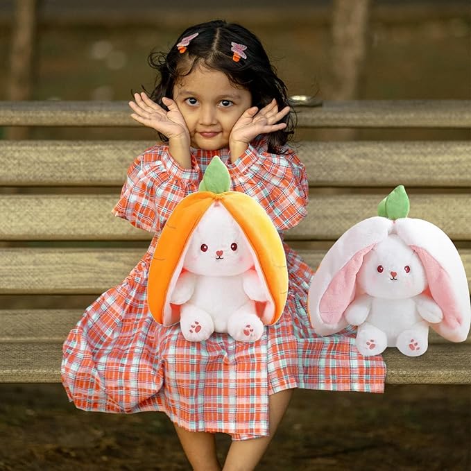 Novelty Bunny Stuffed Animal - Reversible Cuddle Bunny Plush Doll with Zipper Cute Soft Rabbit Toys Pillow for Kids and Adults Easter Bunnies Plushies Gifts (Yellow-Carrot,9.8 inch)