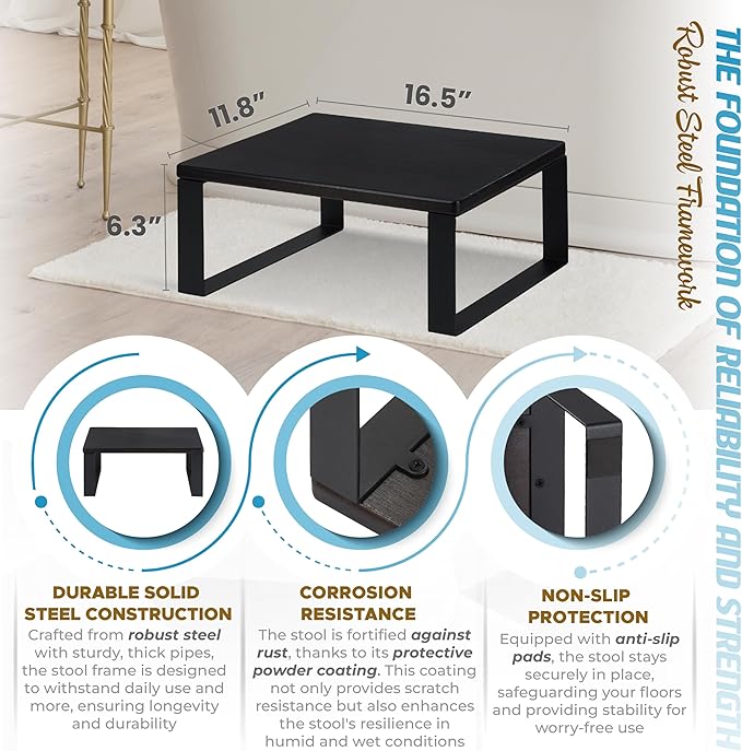 Wooden Step Stool - Heavy Duty One Step Stool - Holds up to 450Lb with Steel Frame for Kitchen/Bathroom/Bedside Step Stool (Walnut)