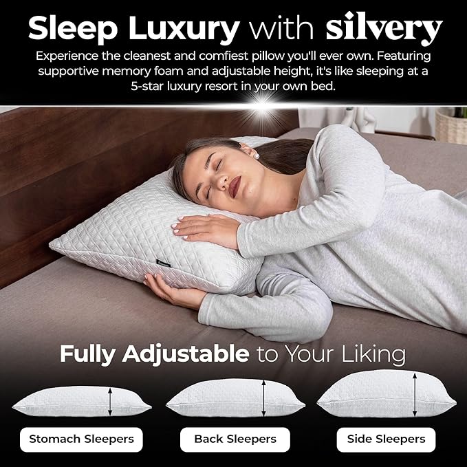 Silvery Memory Foam Bed Pillow - Patent-Pending Clean & Cool Technology - Adjustable Pillows for Side, Back & Stomach Sleepers, Queen Size 19” x 29”