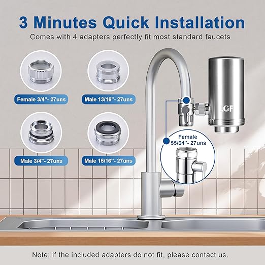 LCF 360° Rotating Stainless-Steel Faucet Water Filter - High Flow, Mineral-Enhanced Tap Water Filter, Reduces Chlorine, Heavy Metals and Bad Taste, Easy Install, 320 Gallons, Kitchen Sink Ideal