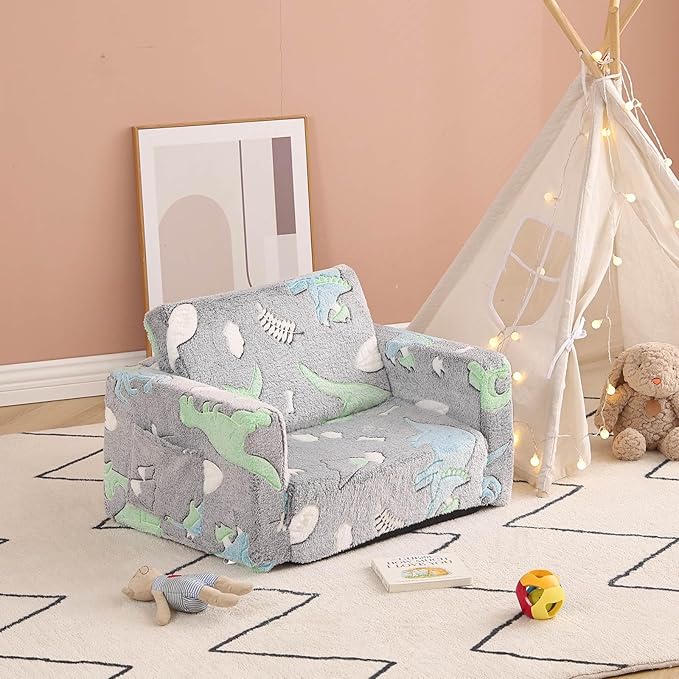 Tiita Kids Sofa, 2-in-1 Kids Sofa Chair, Convertible Children Couch to Lounger, Flip Out Kids Sofa Chair, Toddler Armrest Chair Bed for Girl or Boy(Dark Grey Dinosaur)