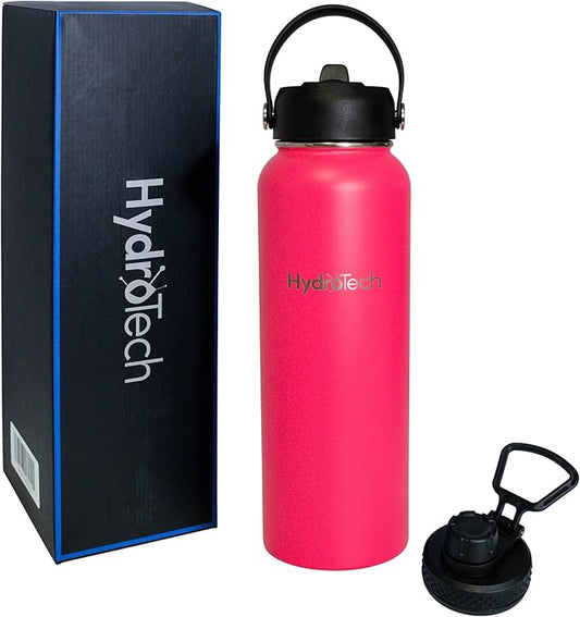 HydroTech Stainless Steel Leak Proof Water Bottle with Double Wall Insulation and 2 Lids (Straw Lid) - 40 OZ. (Pink)