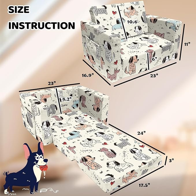 Kids Couch, 2-in-1 Convertible Sofa to Lounger, Comfy Flip-Out Couch Chair/Sleeper Bed for Toddler Boys and Girls (Beige-Dog)