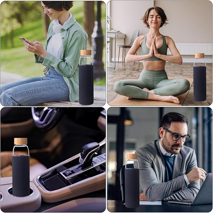 Laster Glass Water Bottle 20 Oz, 600 ml, made of Borosilicate Glass, 1 Bamboo & 1 Stainless Steel Lid, BPA Free, Non-Slip Silicone Sleeve (Black)
