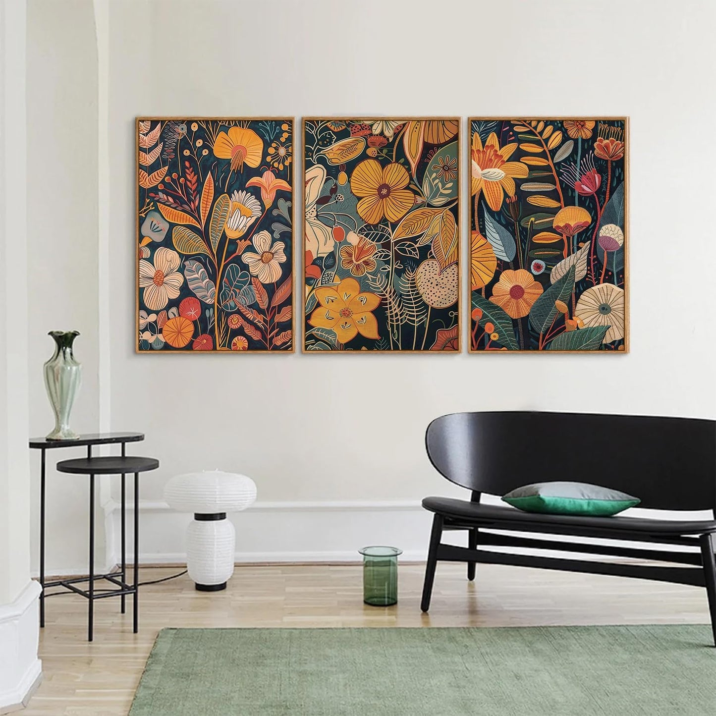 SIGNINART Orange Floral Framed Canvas Wall Art Set of 3, Mid Century Modern Flower Wall Decor, Neutral Plant Artwork, Boho Botanical Art Prints for Bedroom Living Room Office 16"x24"x3