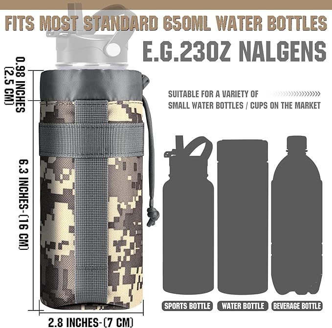 IronSeals Adjustable Tactical Water Bottle Pouch Foldable MOLLE Water Bottle Holder Drawstring Open Top Travel Water Bottle Bag