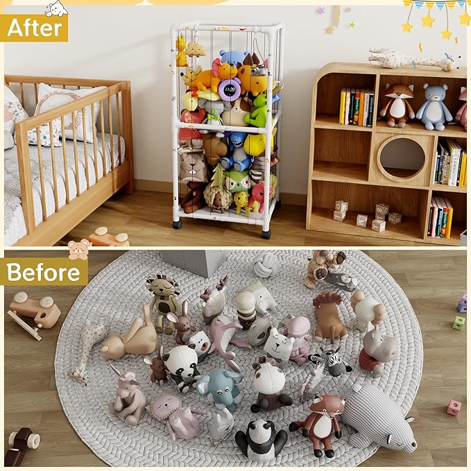 Extra Large Stuffed Animal Zoo Cage with Wheel, Stuffed Animal Storage Shelves Display, Plush Animal Storage Holder for Stuffed Animals, Playroom, Bedroom, Nursery, Kids Toy Storage Organizer