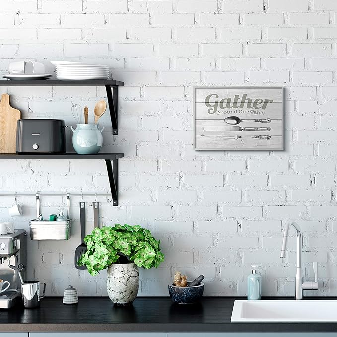 Stupell Industries Gather Silverware Kitchen Wood Texture Word, Design by The Saturday Evening Post Wall Art, 11x14, Grey Framed