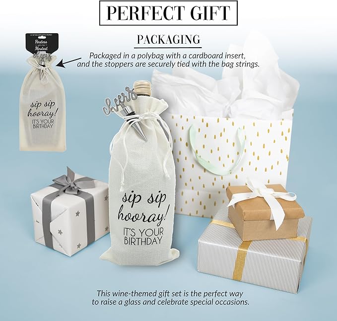 Pavilion Gift Company Sip Hooray-13 Wine Gift Bag Set, 13", Cream/Beige, Black, Silver