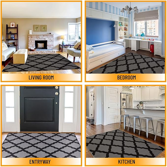 Ottomanson Glamour Collection Non-Slip Rubberback Moroccan Trellis Design 5x7 Indoor Area Rug, 5' x 6'6", Dark Gray