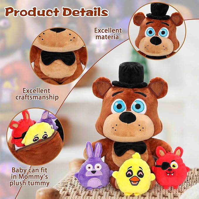 Freddy Plush - Five Nights Freddy Plush One Mommy with 3 Baby Plush Toys Cartoon Stuffed Animal Plush Pillow Room Decorat Gift for Fans Collection Boys Girls