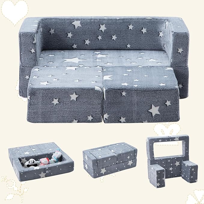Kids Sofa Couch 3-in-1 Modular Toddler Couch Glowing Grey Baby Couch Foam Armchair for Boys & Girls Children Convertible Sofa to Lounger Plush Fold Out Sofa Play Set with Two Ottomans, Two Seats