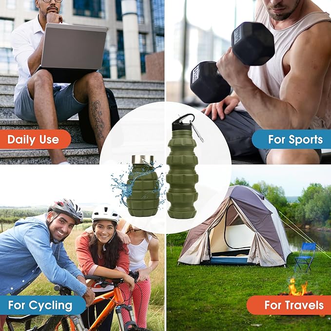 Collapsible Water Bottle 19.6 oz Leak Proof - 2 Lids, Carabiner, Gift Box - Reusable Silicone Water Bottle Men for Dad Birthday Gift - Foldable Travel Water Bottle for Gym & Sport - Green Accessories