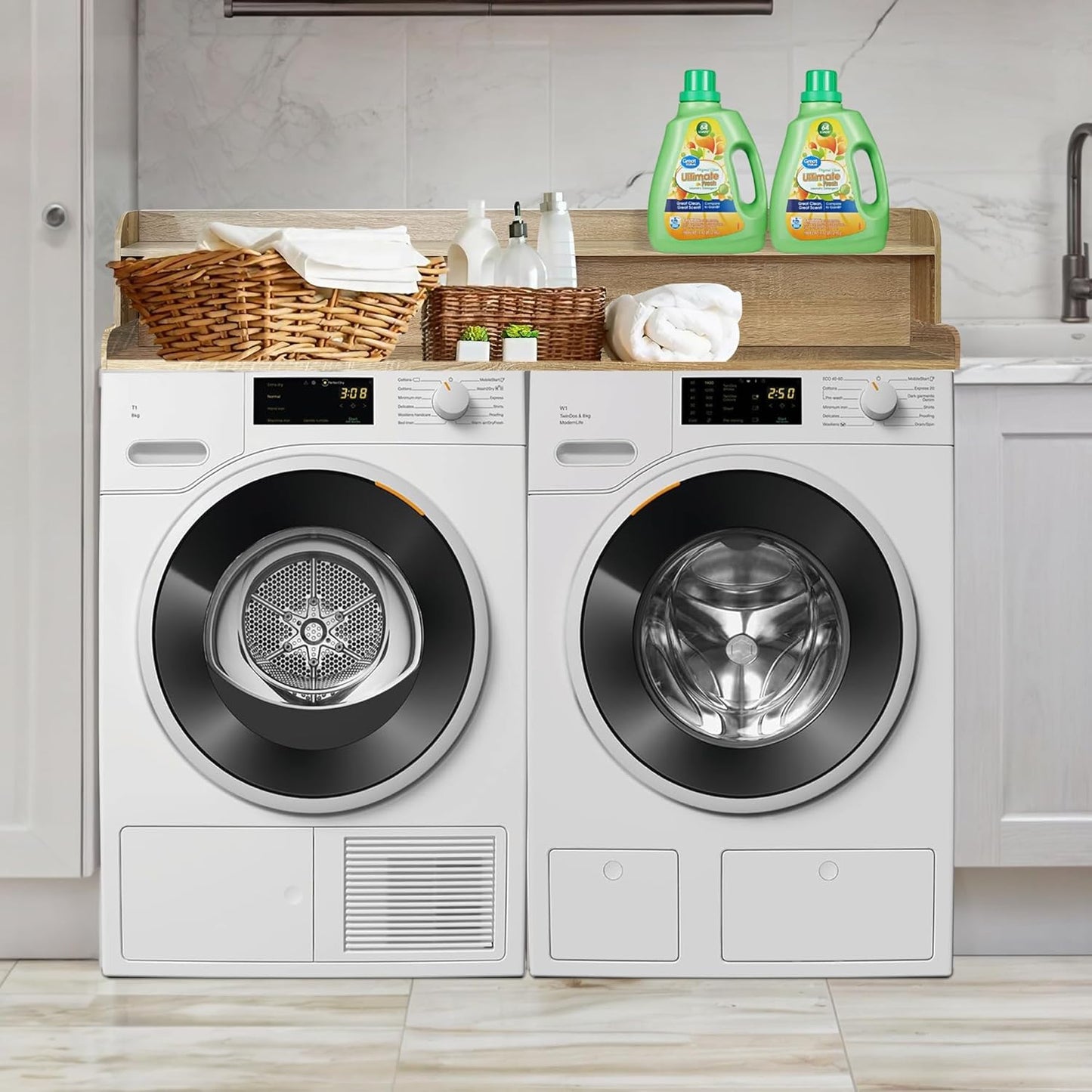 Royxen Laundry Countertop with 2-Tier Shelf Universal Fit, Washer and Dryer Countertop with Storage Space, Shelf Height 11.5 Inches, White Oak