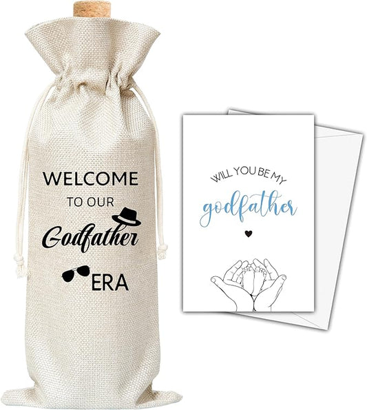 Godfather Gifts Wine Bag & Card, Godfather Proposal Gifts, Wine Bag For God Father, Welcome To Our Godfather Era Wine Bag For Baby Shower Baby Announcement Baptism, Will You Be My Godfather Gifts -01
