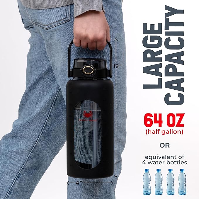 Leakproof Glass Water Bottles 64 oz - Borosilicate Large Glass Water Bottle with Straw & Time Markers - Half Gallon Water Bottle Glass, Wide Mouth Glass Gallon Water Bottle 2 Litres