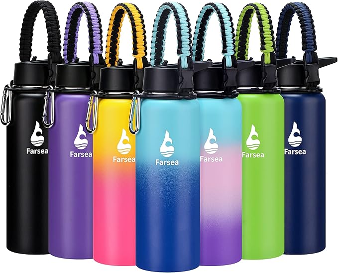 Farsea Insulated Water Bottle with Straw Lid & Spout Lid & Paracord Handle, Stainless Steel Water Bottle Wide Mouth, Double Wall Sweat-Proof BPA-Free, 40 oz, Gradient Mint + Blue